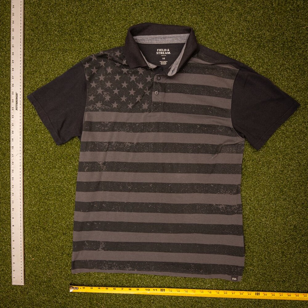 Field & Stream Men’s Polo Large – American Flag Design – Black & Gray Patriotic